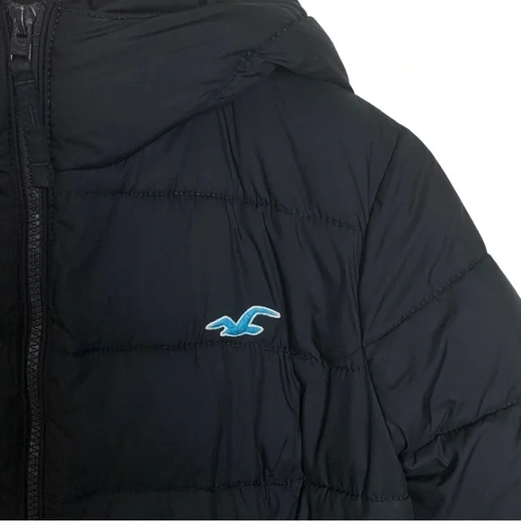 15. Hollister Black Winter Puffer Jacket Size Large Hooded - Picture 10 of 16
